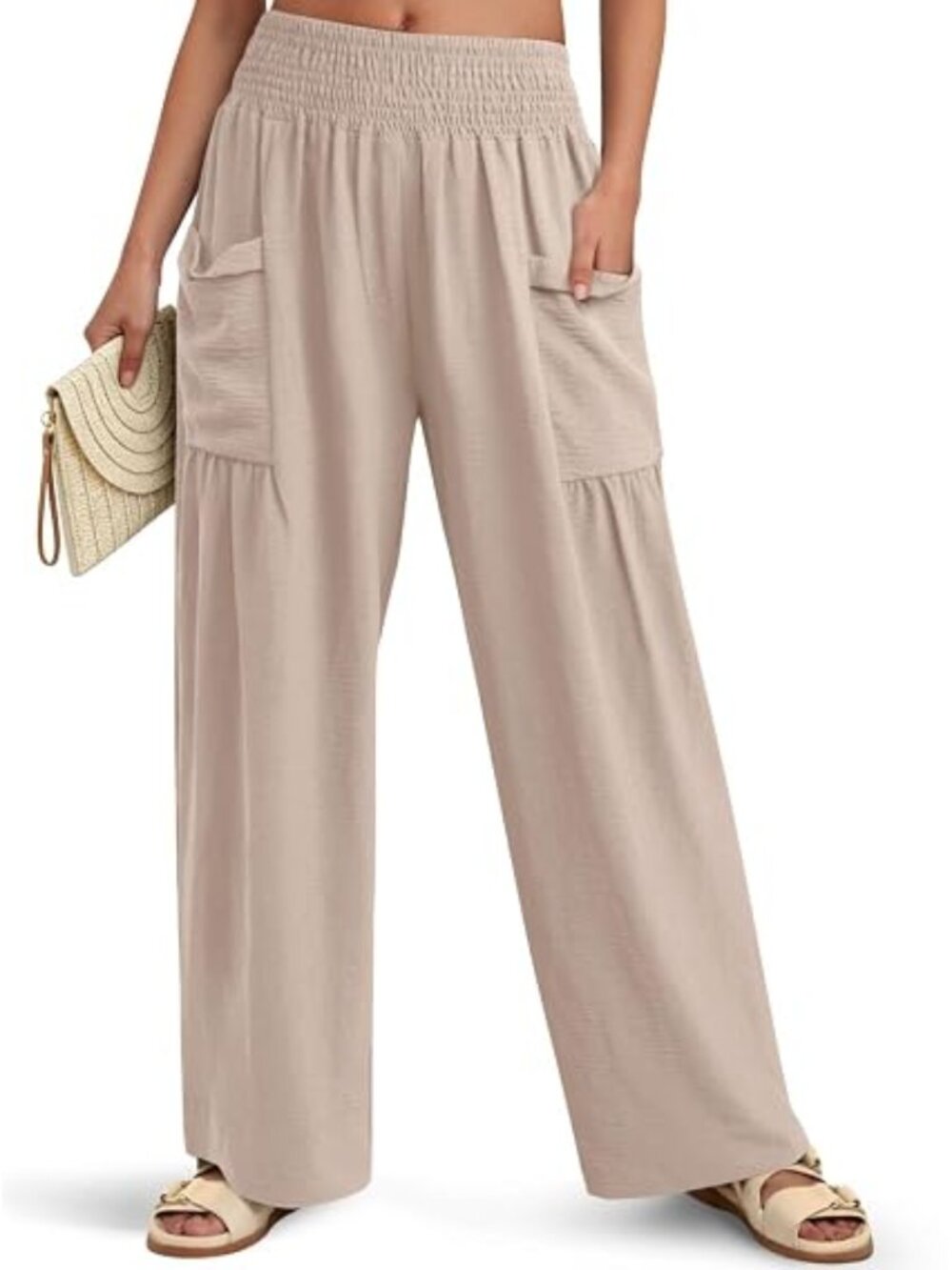 "Beige" NWT Womens  Palazzo Pants Wide Leg High Waisted Flowy Pants Size XXL